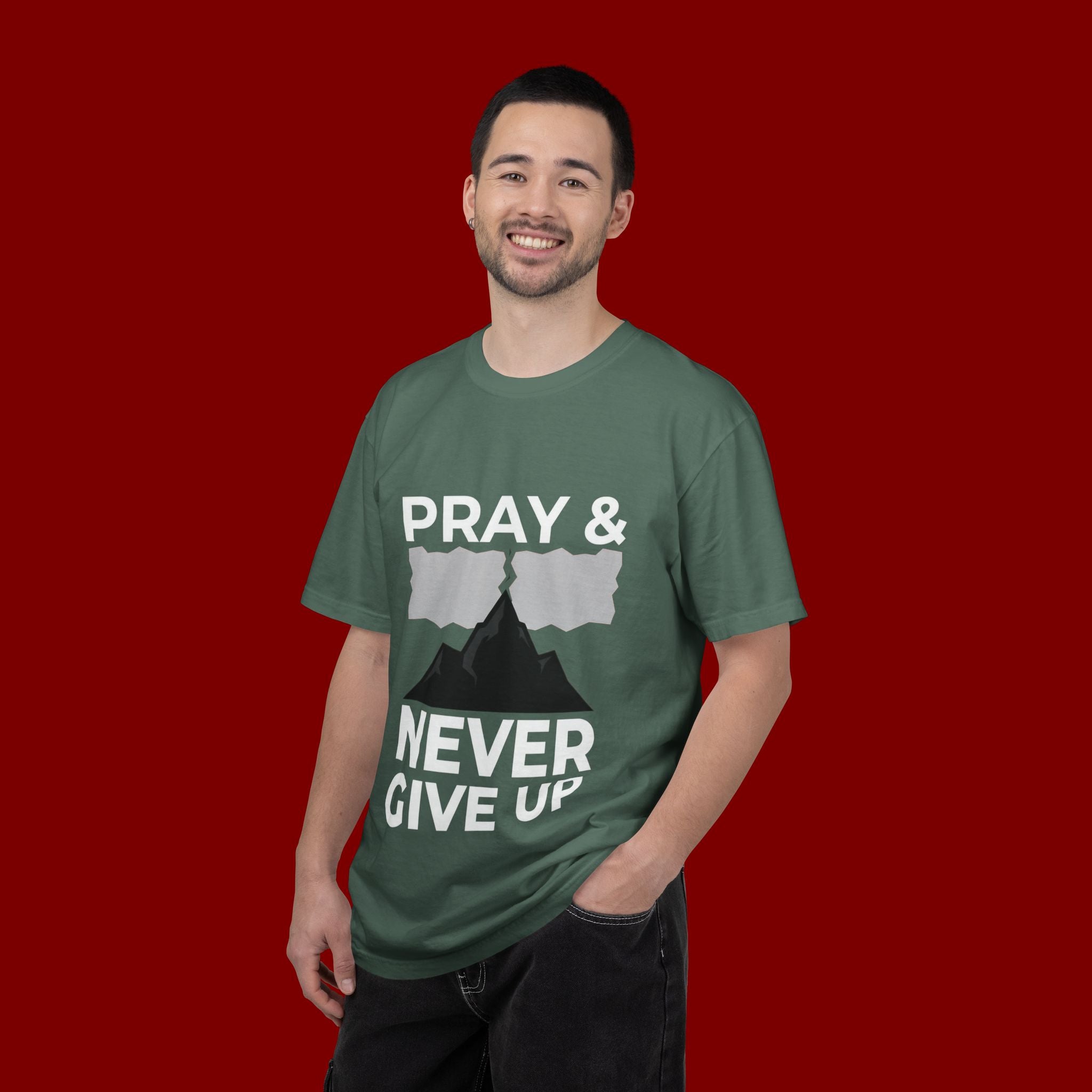 Pray & Never Give Up T-Shirt — Inspirational Christian Mountain Tee