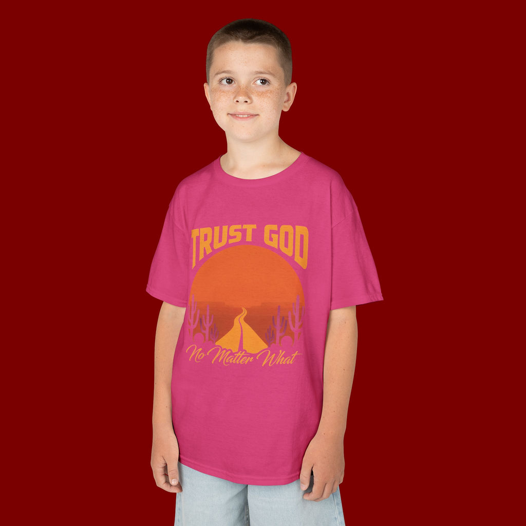 Kids Tee — "Trust God No Matter What" Sunset Camping Graphic