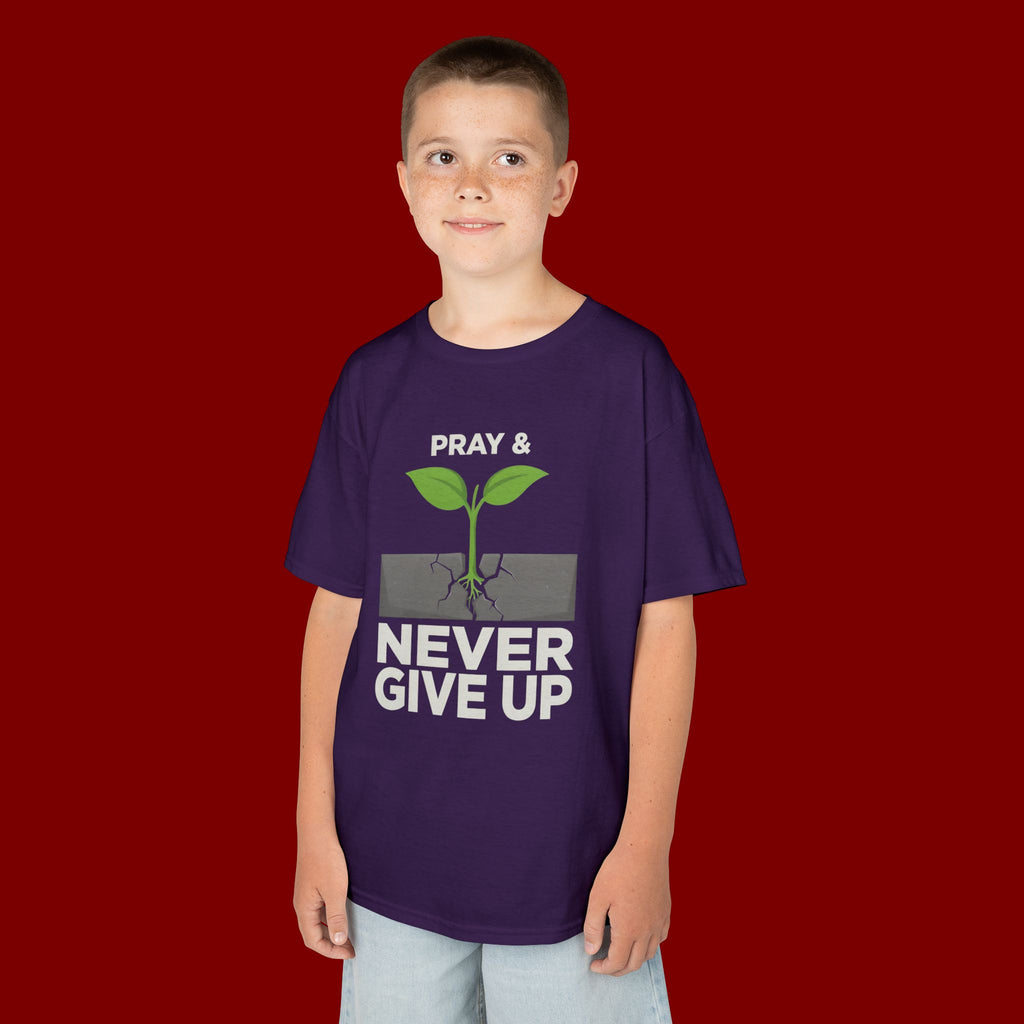 Kids Tee – "Pray & Never Give Up" Inspirational Plant Graphic
