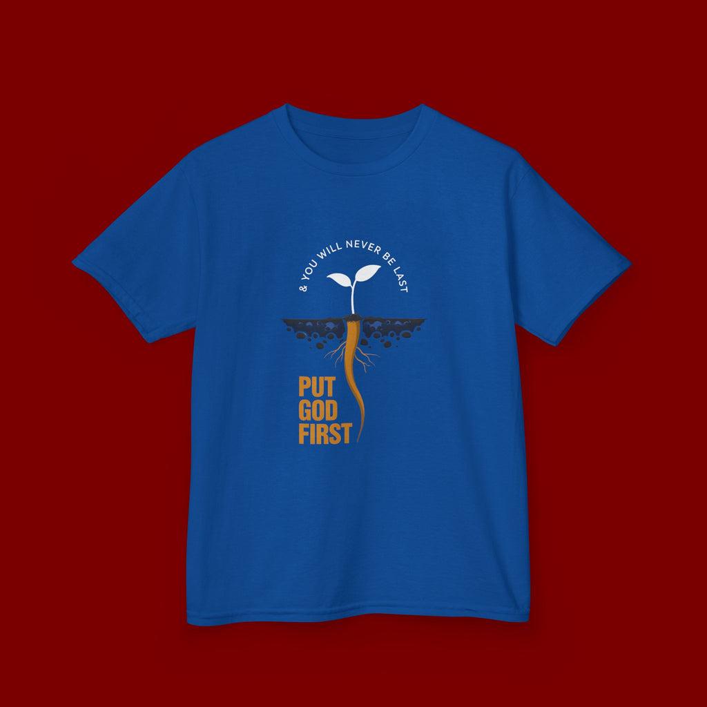 Kids T‑Shirt — 'Put God First' Religious Sprout Graphic Tee (Christian Youth)