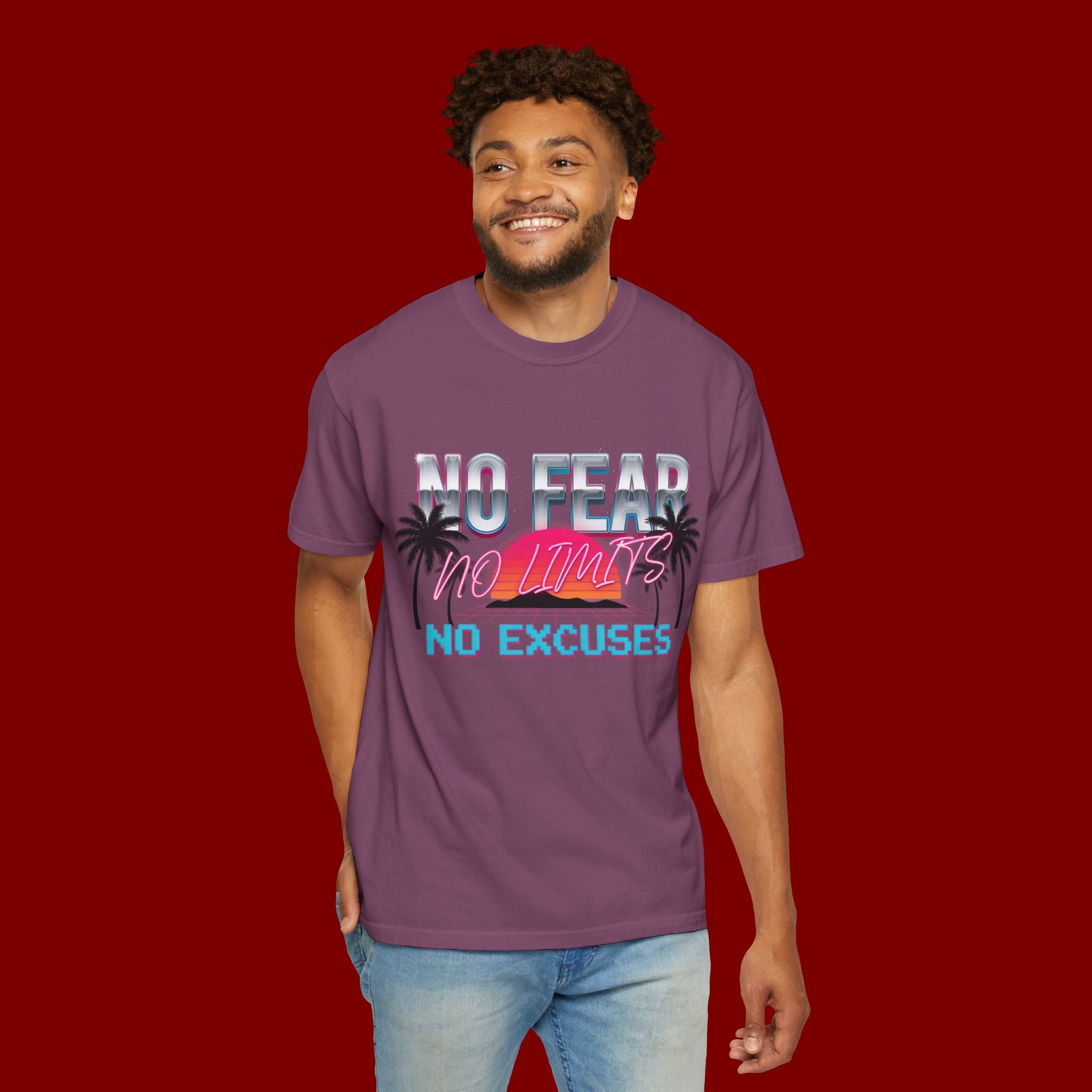 No Fear, No Excuses T-Shirt — Retro Sunset Palm Graphic Tee