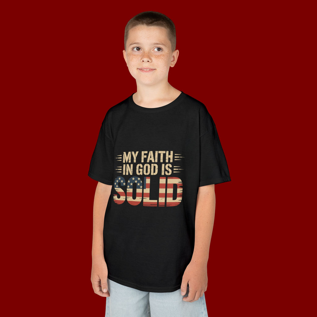 Kids Tee — "My Faith in God is Solid" Patriotic Christian T-Shirt