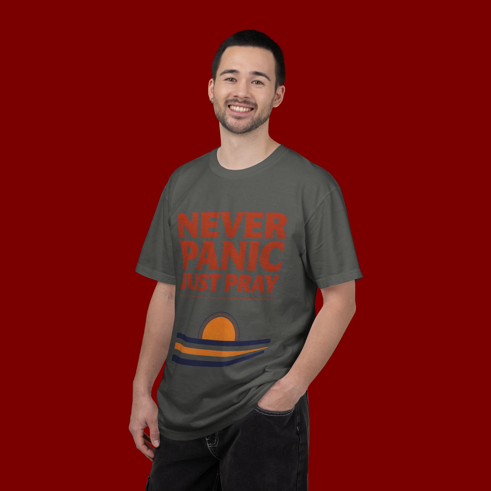 Never Panic Just Pray T‑Shirt — Retro Sunset Faith Tee