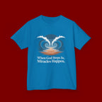 Kids Tee — “When God Steps In, Miracles Happen” Wave Heart Faith Shirt