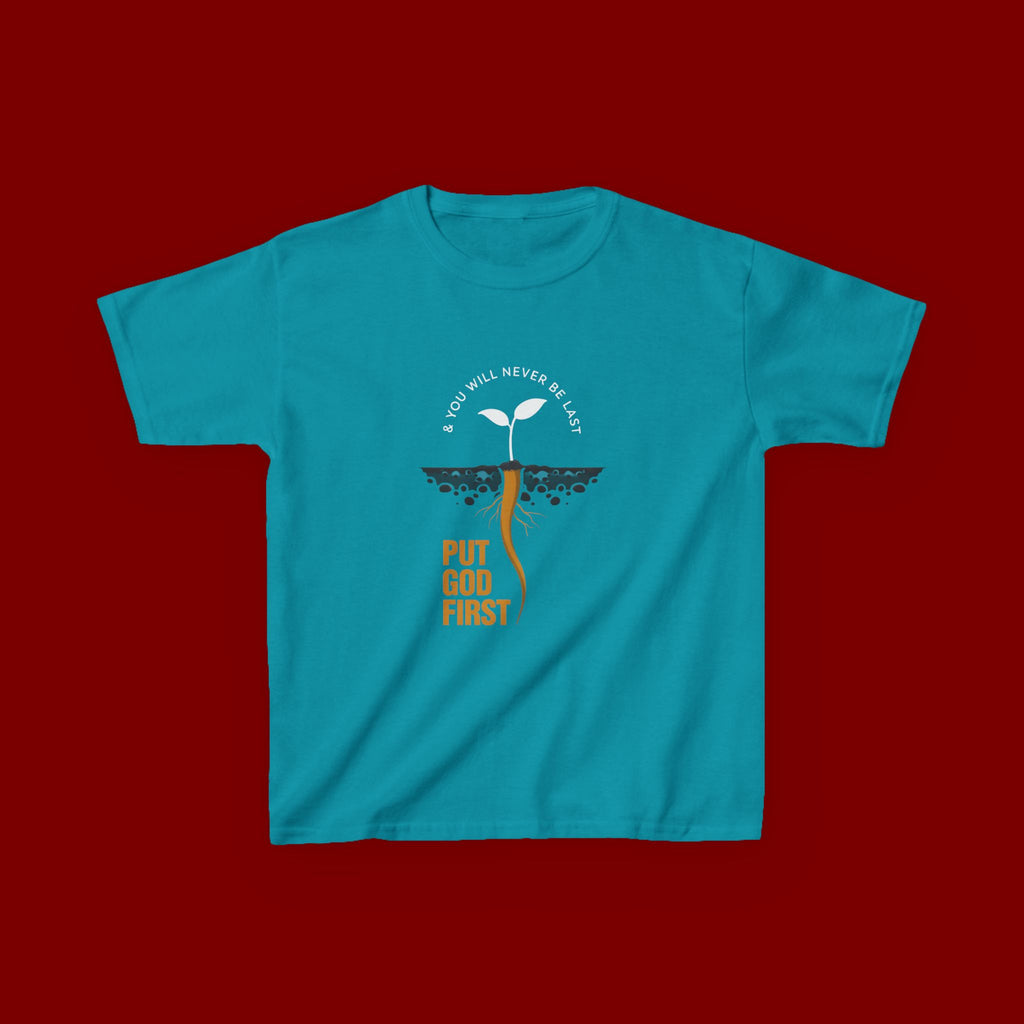 Kids T‑Shirt — 'Put God First' Religious Sprout Graphic Tee (Christian Youth)