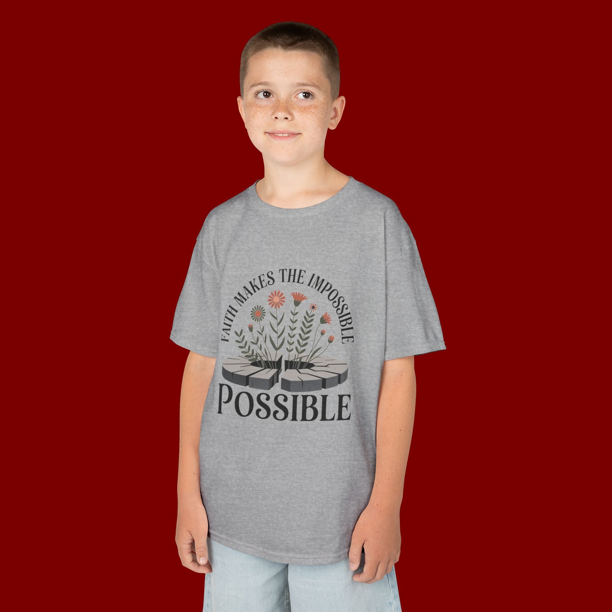 Kids Tee — “Faith Makes the Impossible Possible” Floral Inspirational Shirt