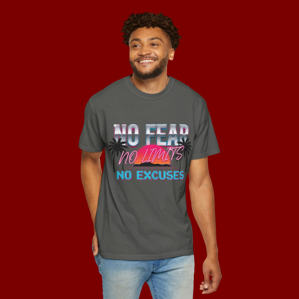 No Fear, No Excuses T-Shirt — Retro Sunset Palm Graphic Tee