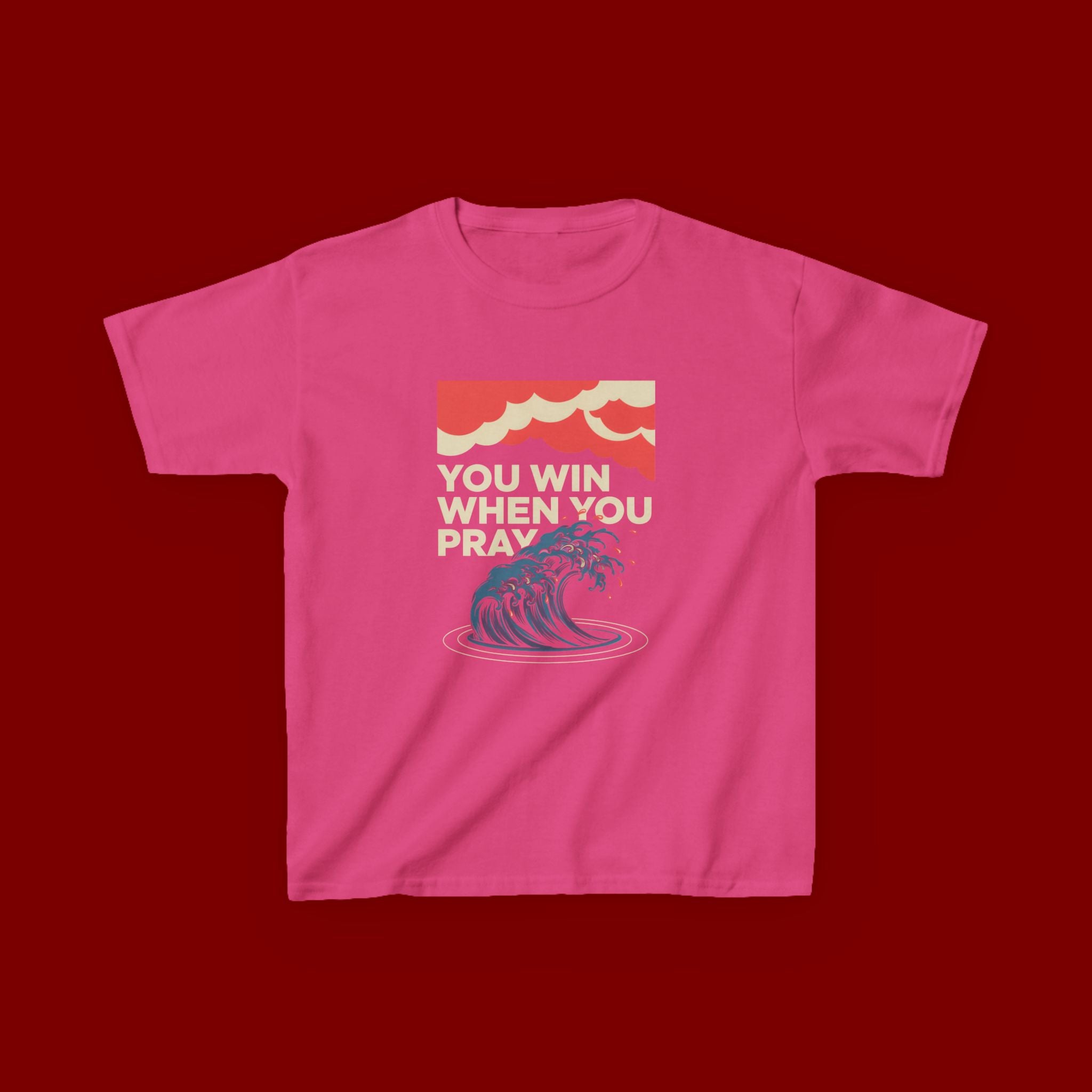 Kids Tee – “You Win When You Pray” Retro Wave Ocean Graphic