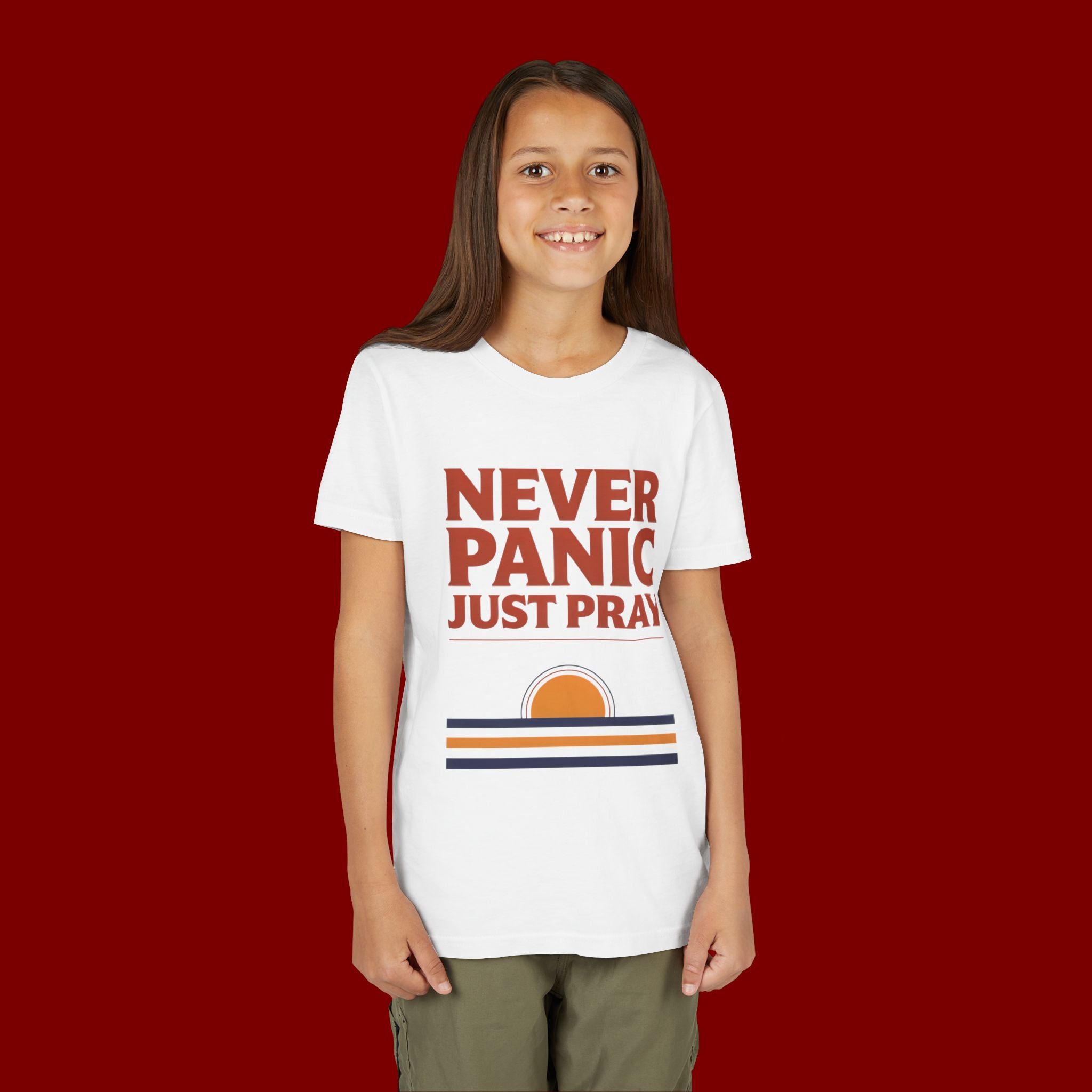 Youth Tee — "Never Panic Just Pray" Retro Sunset Kids T-Shirt