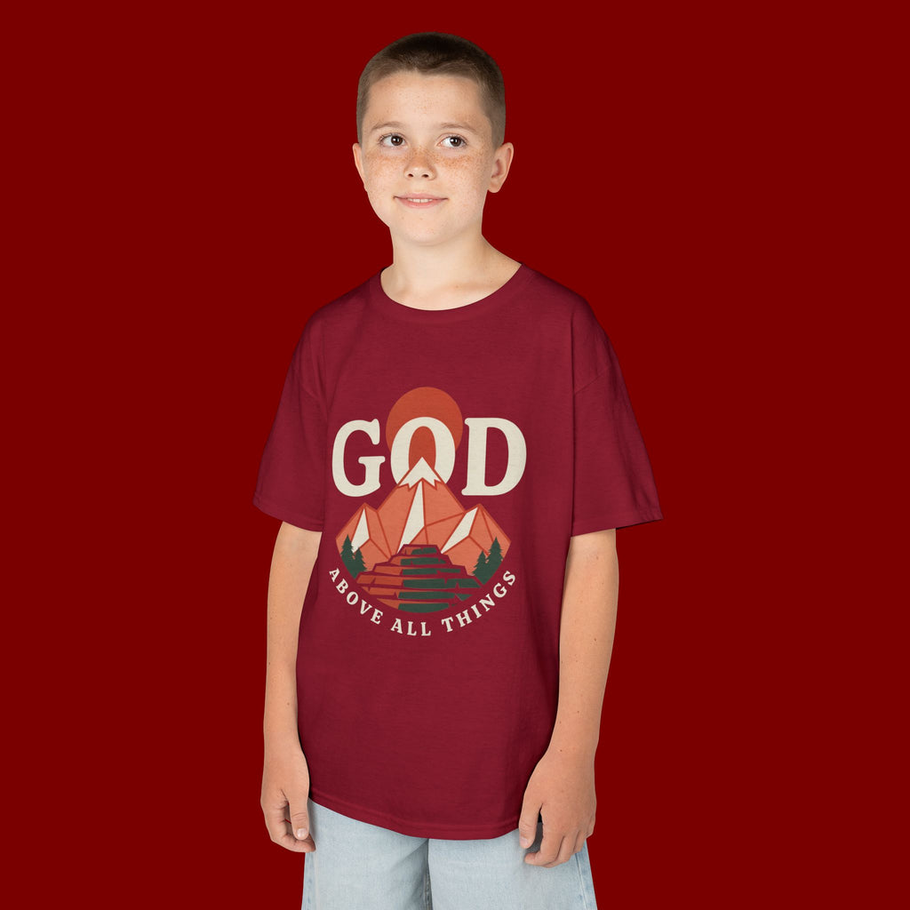 Kids Tee – 'GOD' Mountain Sunrise Faith Graphic