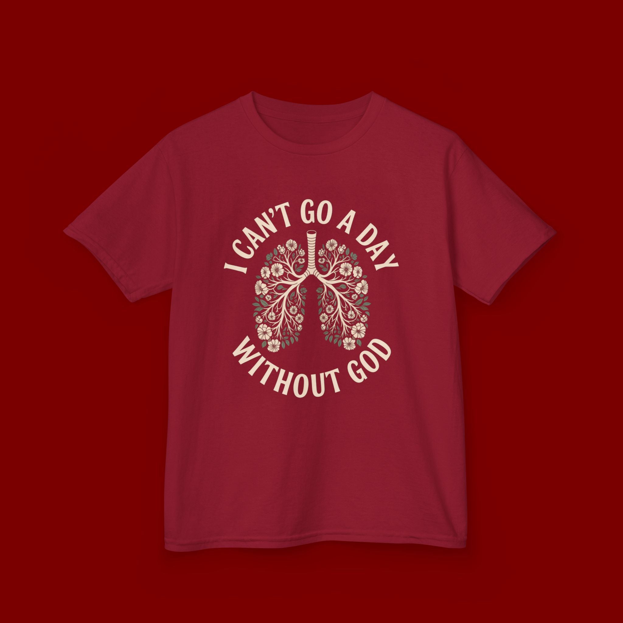 Kids T-Shirt – "I Can't Go a Day Without God" Floral Lungs Christian Tee