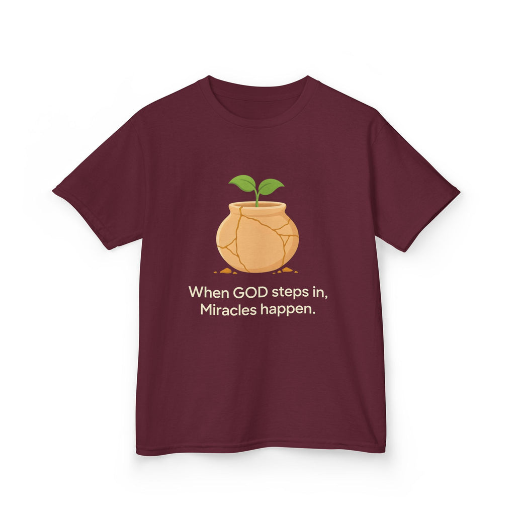 Kids Tee — "When GOD steps in, Miracles happen." Inspirational Christian T‑Shirt with Sprout Pot Design