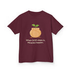Kids Tee — "When GOD steps in, Miracles happen." Inspirational Christian T‑Shirt with Sprout Pot Design