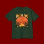 Kids Tee — "Trust God No Matter What" Sunset Camping Graphic