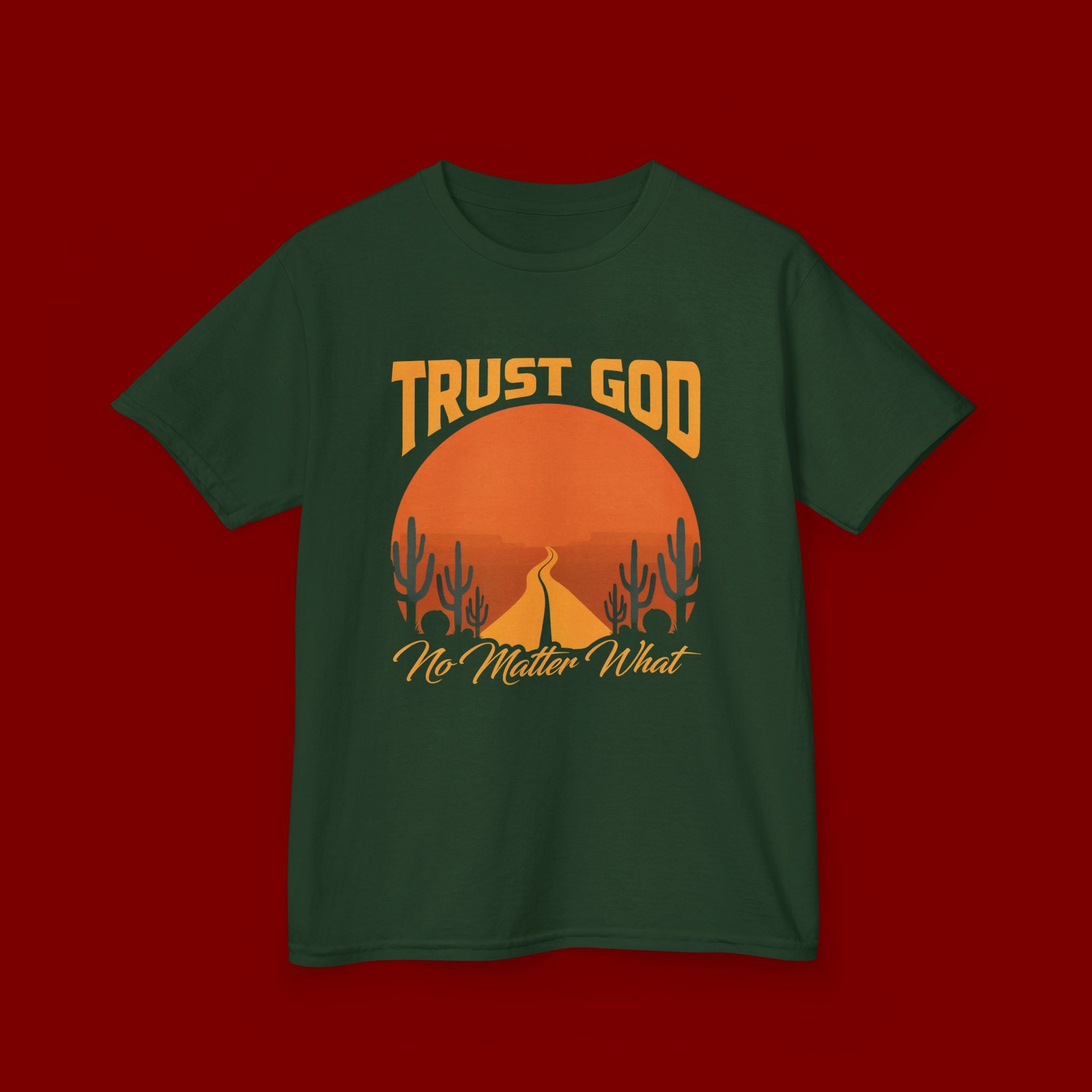 Kids Tee — "Trust God No Matter What" Sunset Camping Graphic