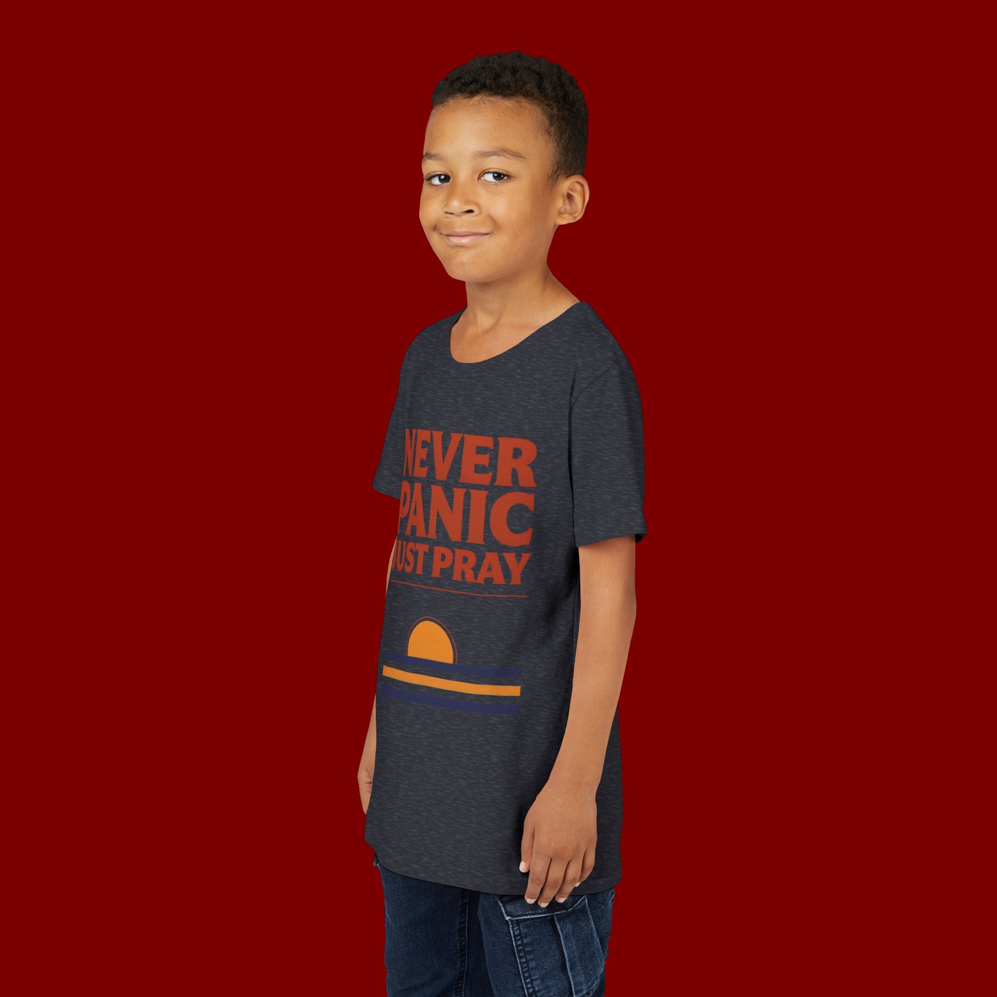 Youth Tee — "Never Panic Just Pray" Retro Sunset Kids T-Shirt