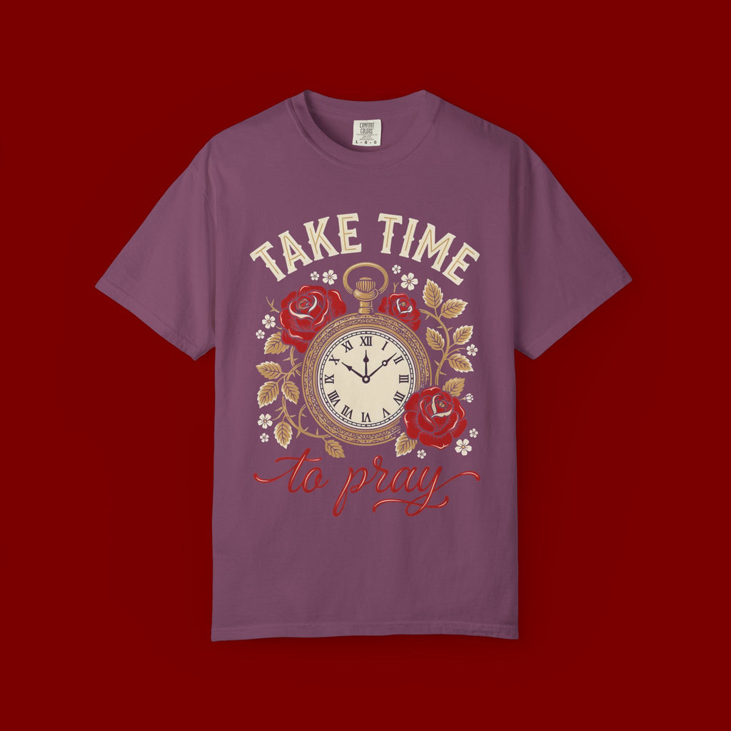 Take Time to Pray Pocket Watch T-Shirt — Faith-Based Floral Christian Tee
