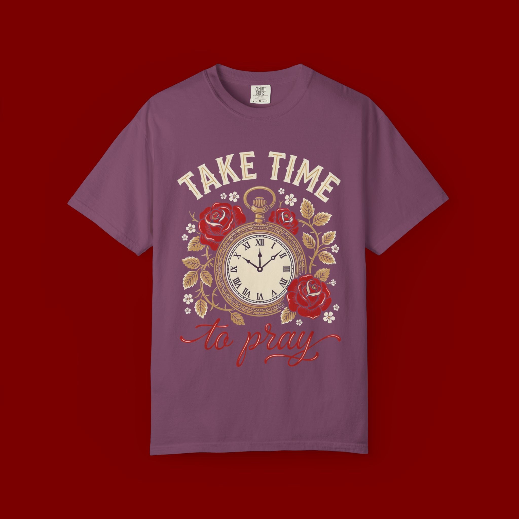 Take Time to Pray Pocket Watch T-Shirt — Faith-Based Floral Christian Tee