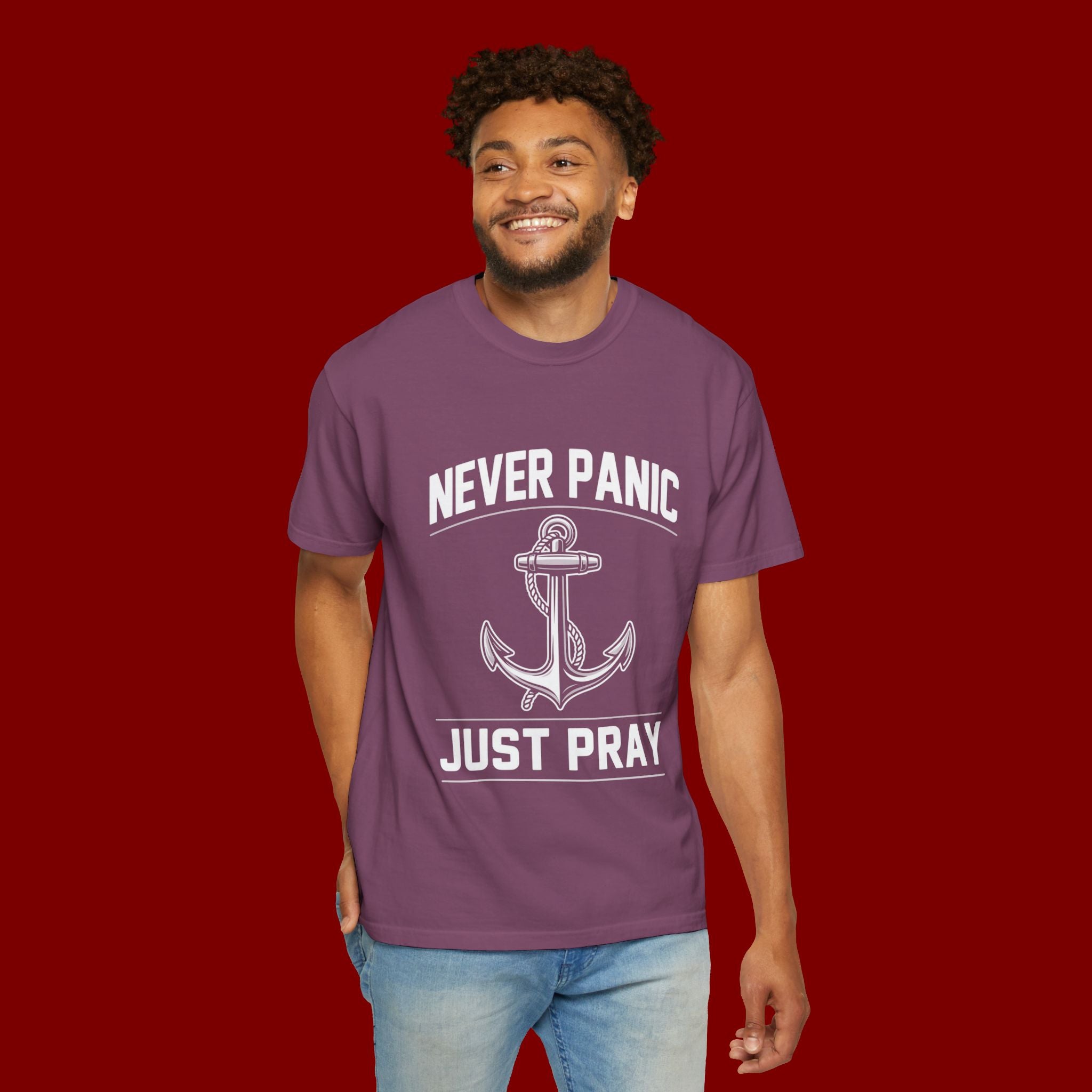 T-Shirt — "Never Panic Just Pray" Anchor Christian Faith Tee