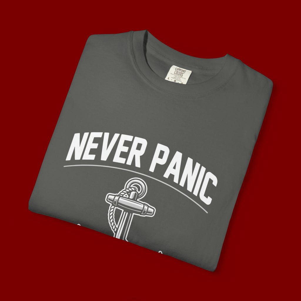 T-Shirt — "Never Panic Just Pray" Anchor Christian Faith Tee