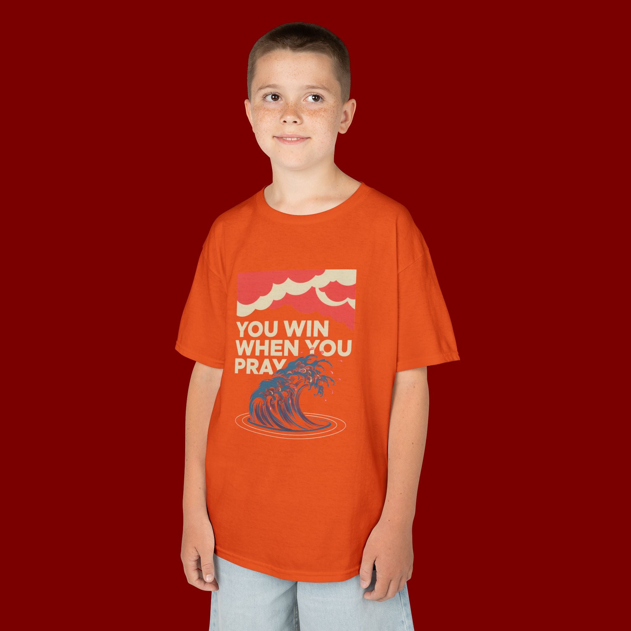 Kids Tee – “You Win When You Pray” Retro Wave Ocean Graphic