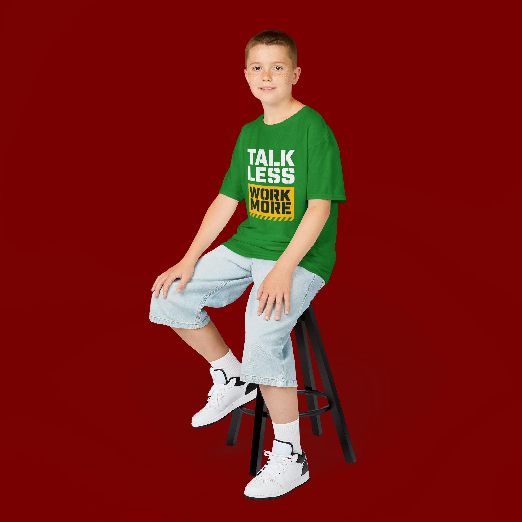 Kids T-Shirt — "Talk Less Work More" Bold Motivational Tee