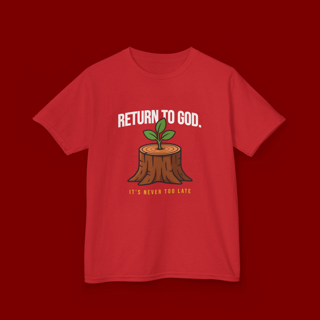 Return to God Kids T-Shirt – Tree Stump with Sprout, “It’s Never Too Late” Inspirational Youth Tee