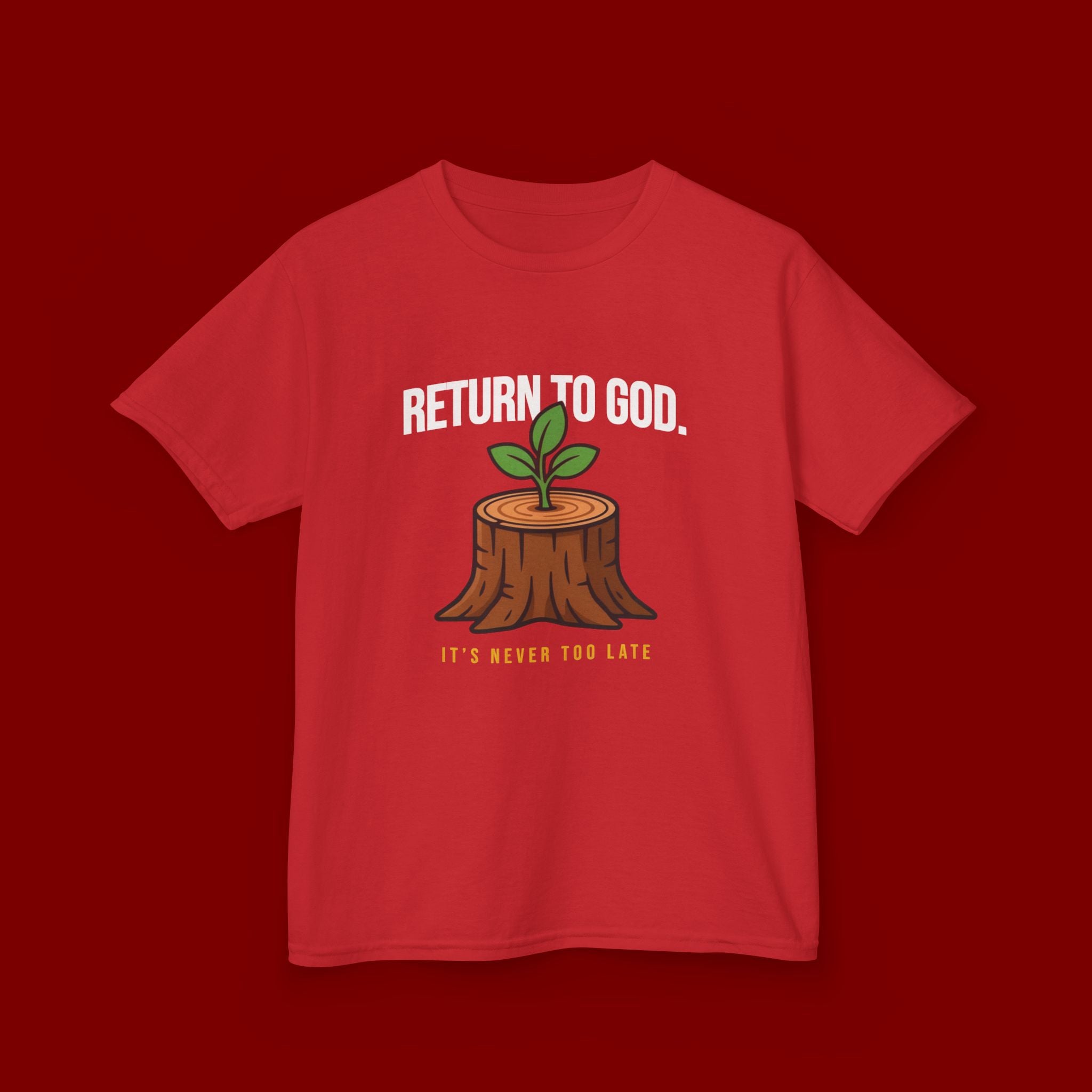 Return to God Kids T-Shirt – Tree Stump with Sprout, “It’s Never Too Late” Inspirational Youth Tee