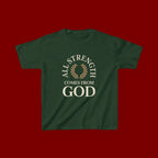 Kids T-Shirt – "All Strength Comes From God" Faith Tee for Boys & Girls