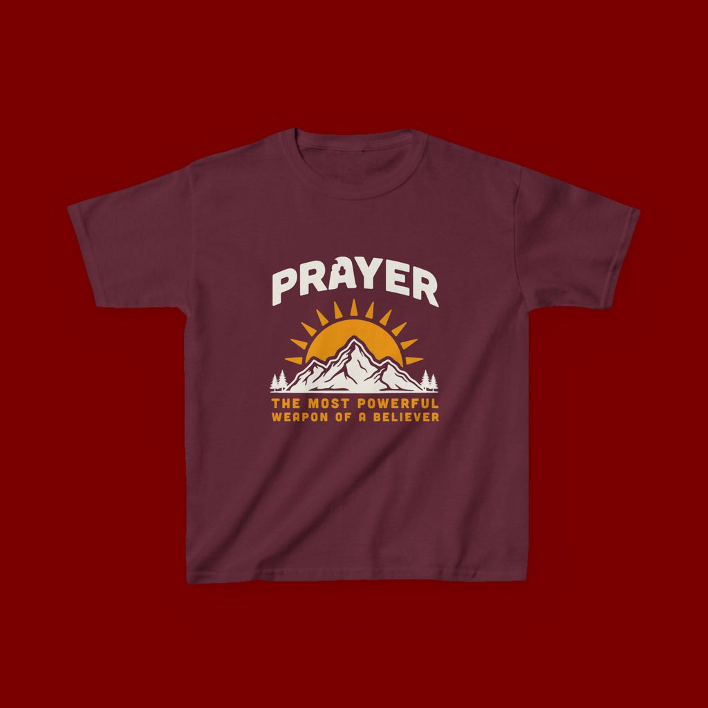 Kids Tee — "Prayer: The Most Powerful Weapon of a Believer" Mountain Sun Graphic