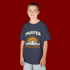Kids Tee — "Prayer: The Most Powerful Weapon of a Believer" Mountain Sun Graphic
