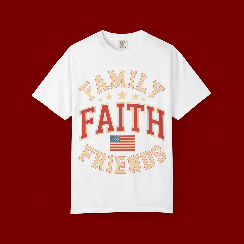Family Faith Friends T-Shirt — Patriotic American Flag Tee