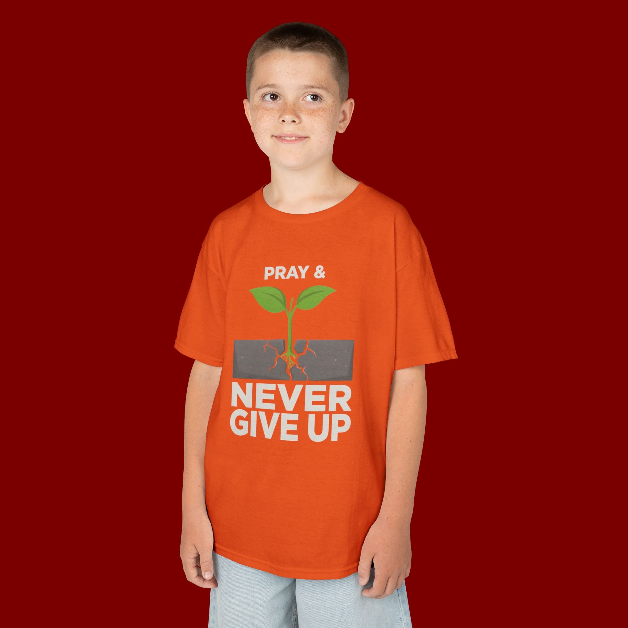Kids Tee – "Pray & Never Give Up" Inspirational Plant Graphic
