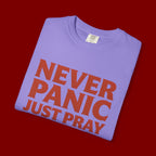 Never Panic Just Pray T‑Shirt — Retro Sunset Faith Tee