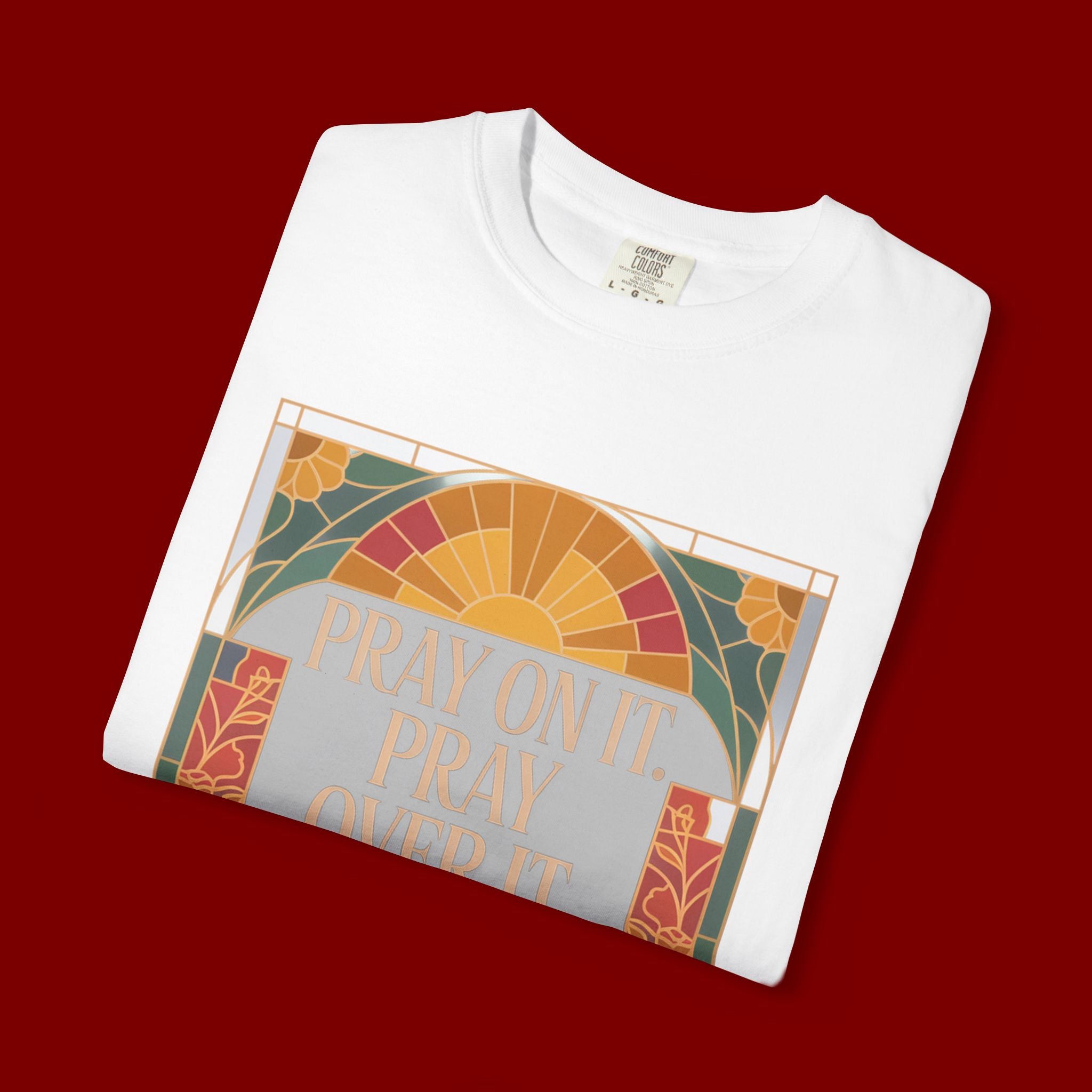 T-Shirt — Retro Sunset Floral Graphic “Play On It, Pray Over It, Pray Through It”