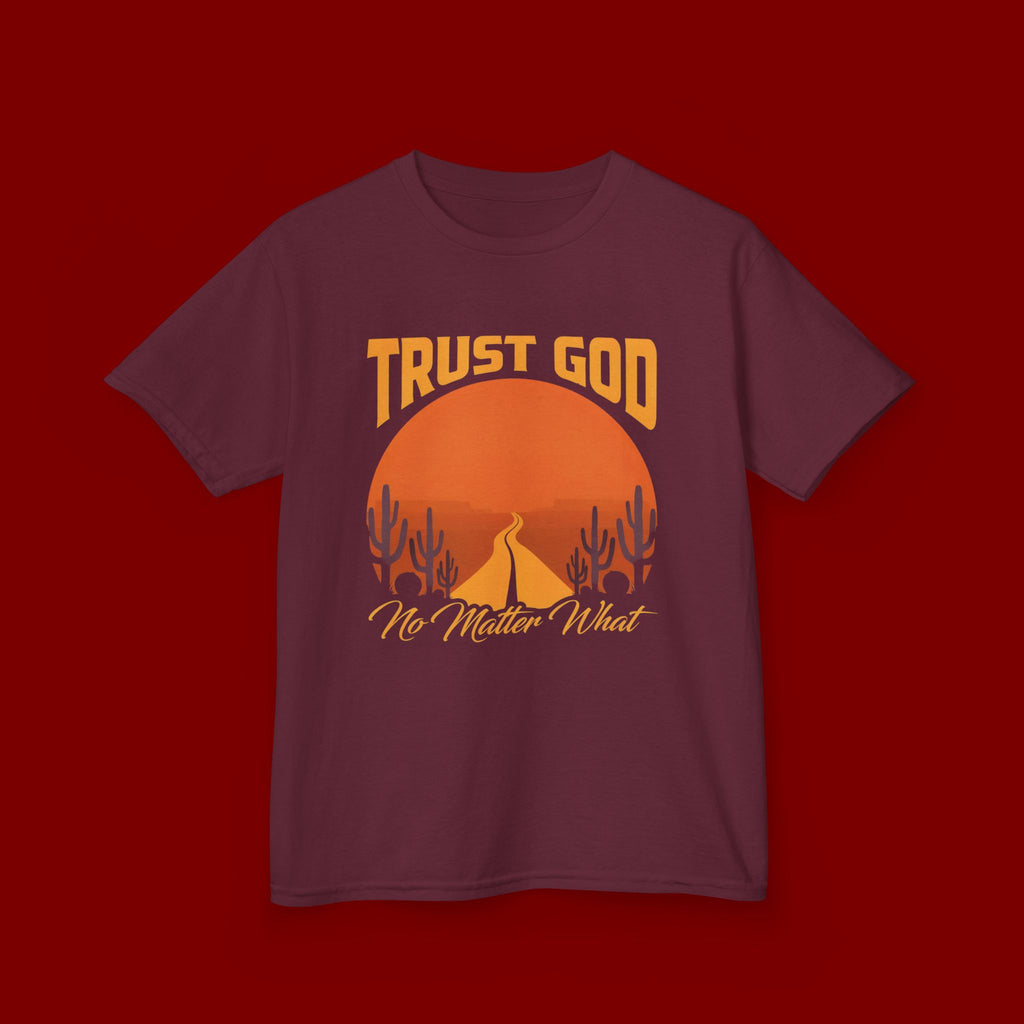Kids Tee — "Trust God No Matter What" Sunset Camping Graphic