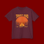 Kids Tee — "Trust God No Matter What" Sunset Camping Graphic