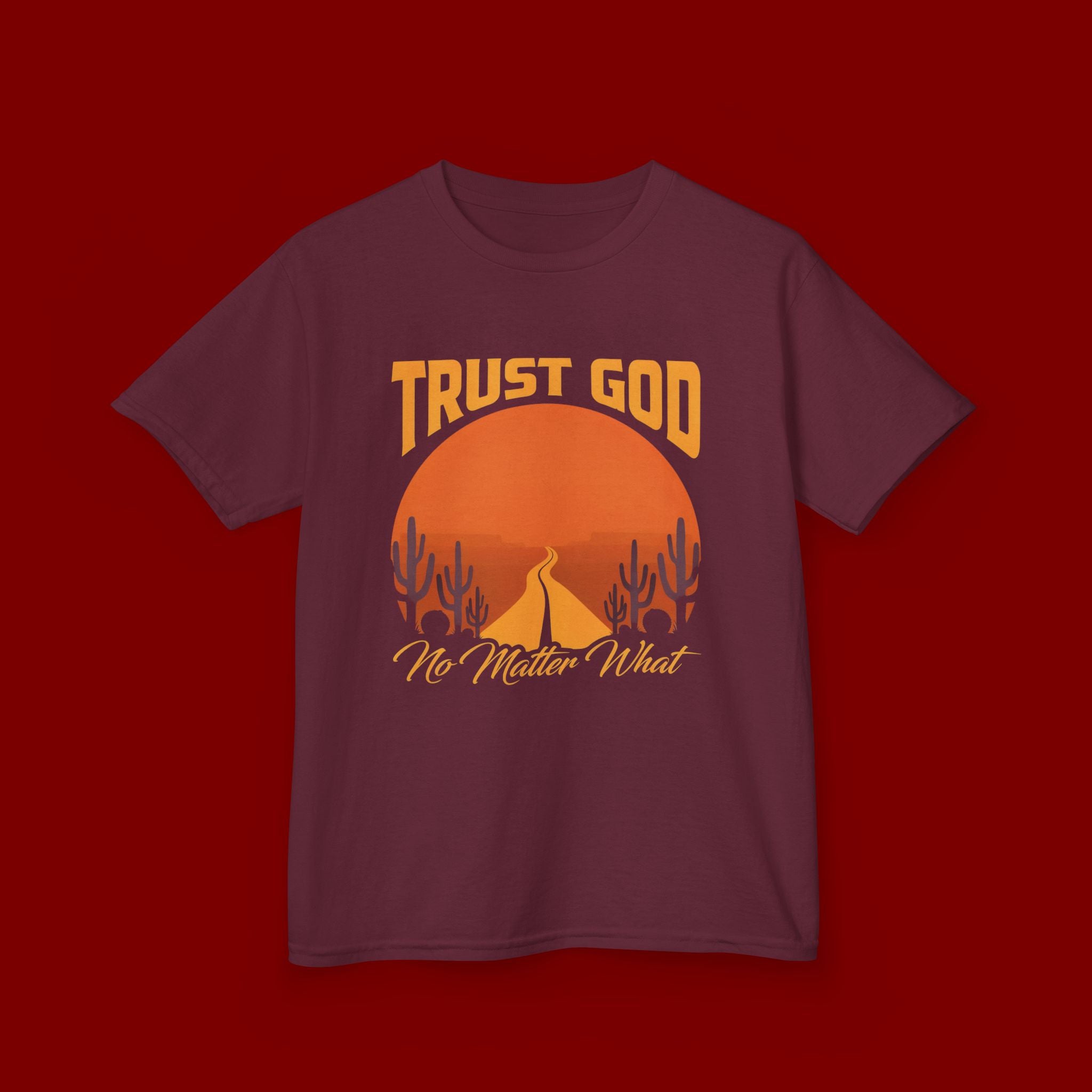 Kids Tee — "Trust God No Matter What" Sunset Camping Graphic