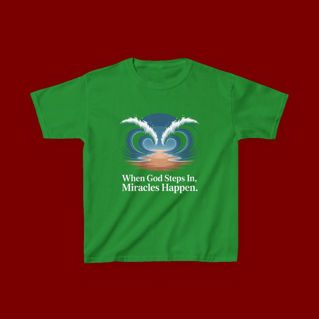 Kids Tee — “When God Steps In, Miracles Happen” Wave Heart Faith Shirt