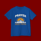 Kids Tee — "Prayer: The Most Powerful Weapon of a Believer" Mountain Sun Graphic