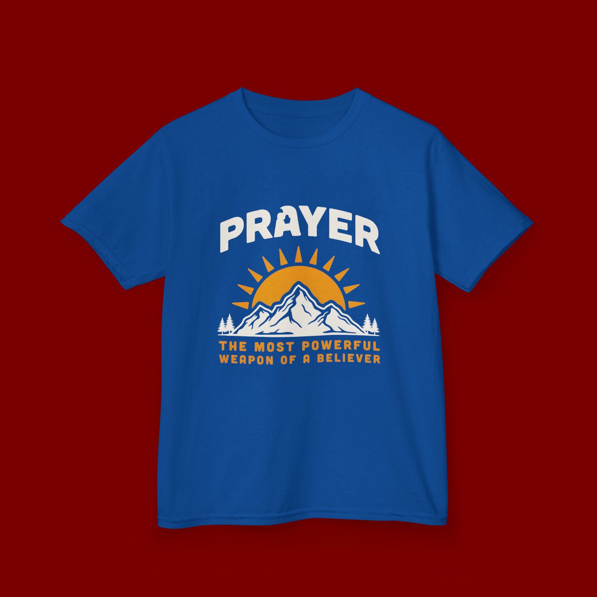 Kids Tee — "Prayer: The Most Powerful Weapon of a Believer" Mountain Sun Graphic