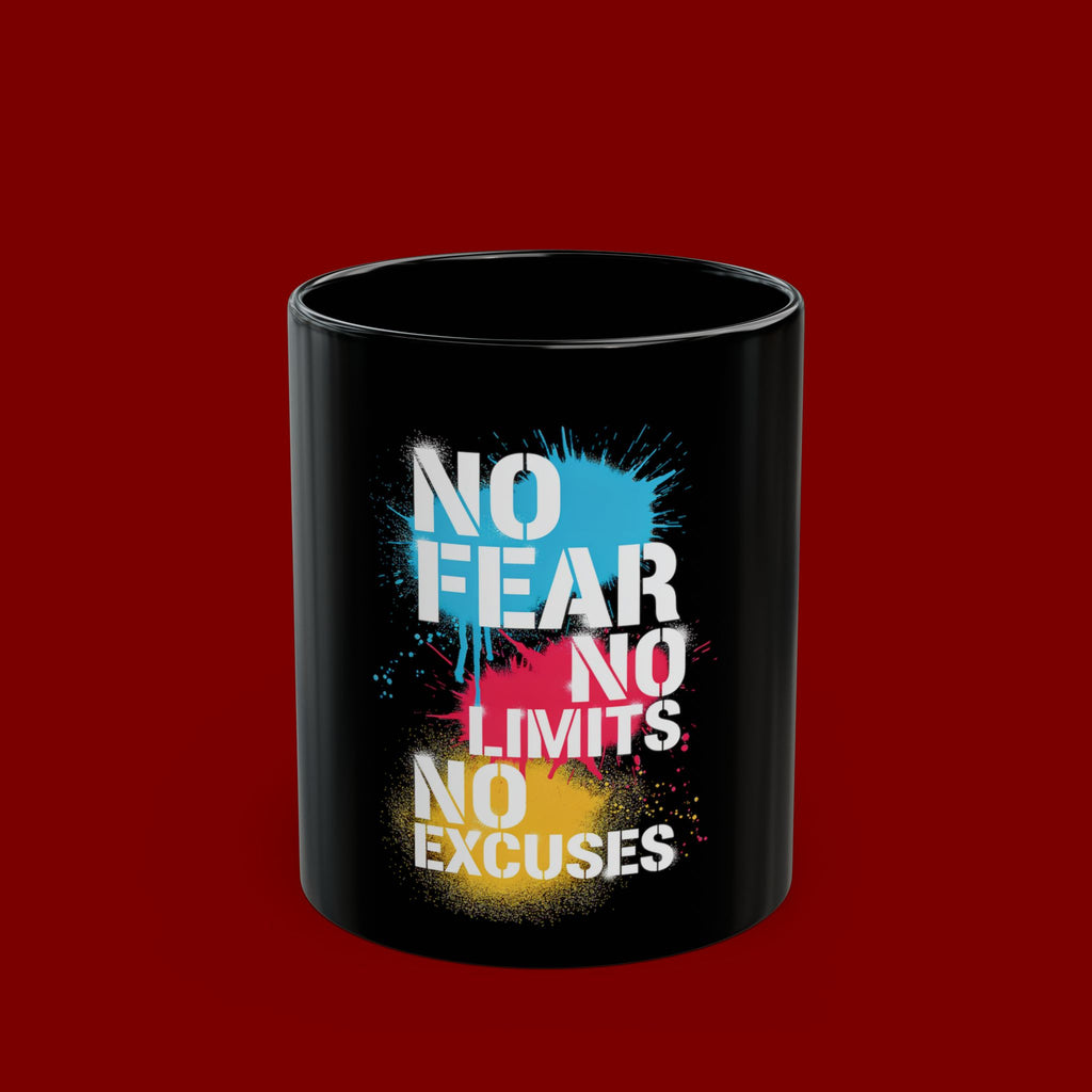 Motivational Black Mug – "No Fear No Limits No Excuses" Inspirational Coffee Cup (11oz/15oz)