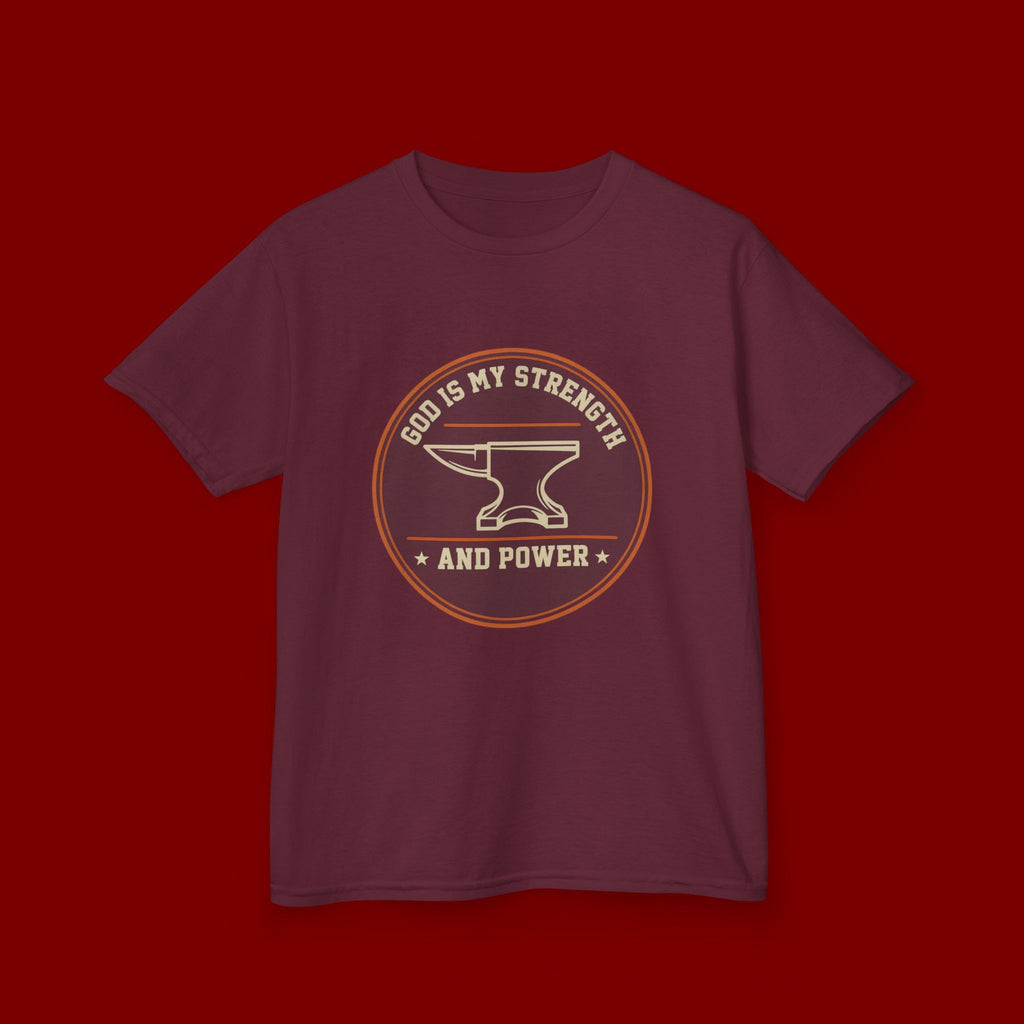 Kids Tee — "God Is My Strength and Power" Anvil & Anvil-Forge Christian Youth Shirt
