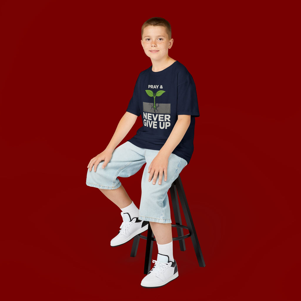Kids Tee – "Pray & Never Give Up" Inspirational Plant Graphic