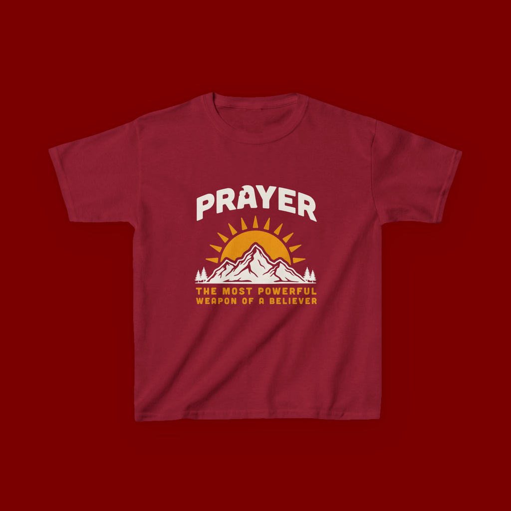 Kids Tee — "Prayer: The Most Powerful Weapon of a Believer" Mountain Sun Graphic