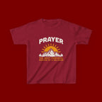 Kids Tee — "Prayer: The Most Powerful Weapon of a Believer" Mountain Sun Graphic