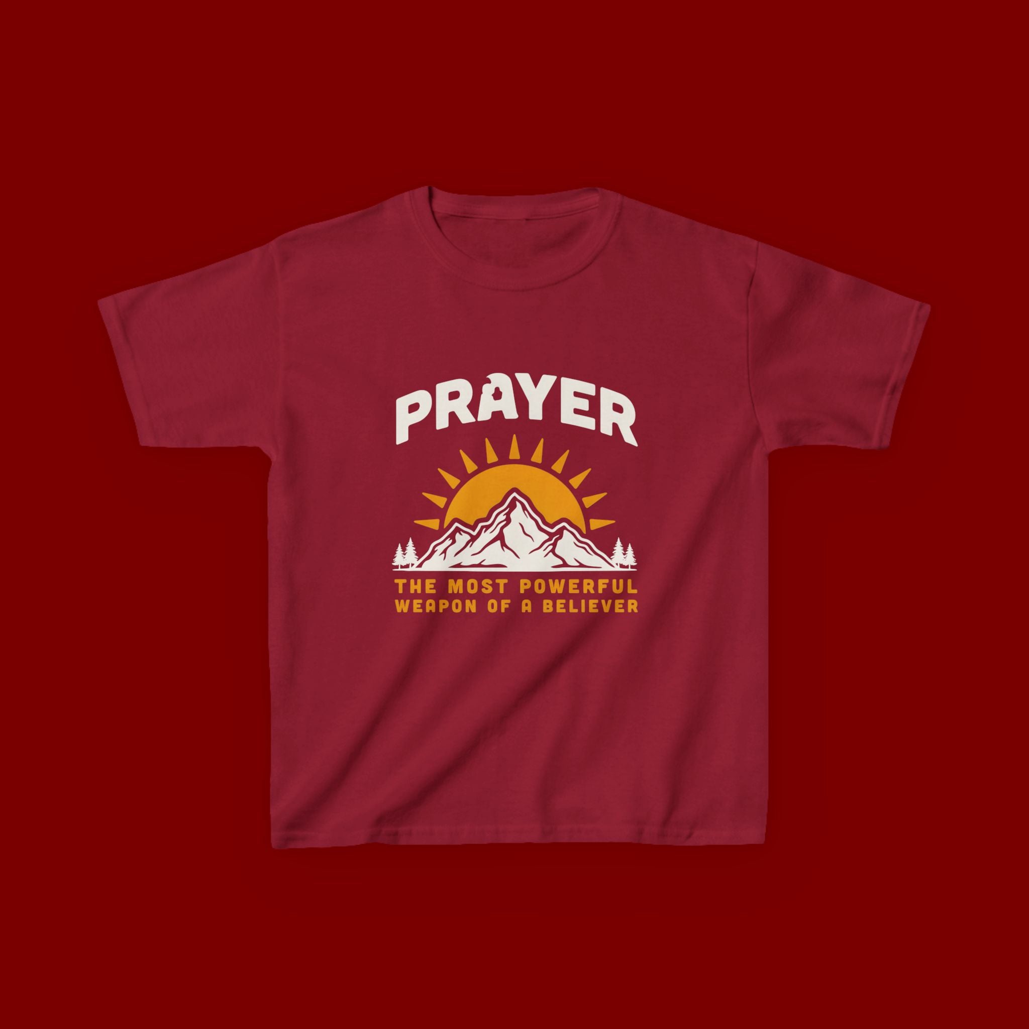 Kids Tee — "Prayer: The Most Powerful Weapon of a Believer" Mountain Sun Graphic