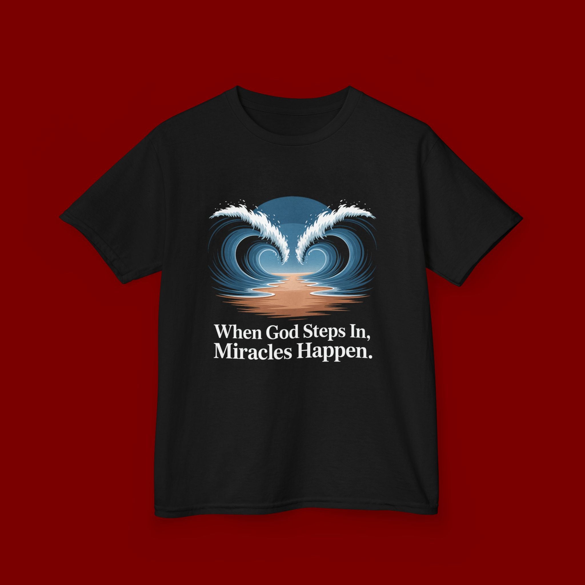 Kids Tee — “When God Steps In, Miracles Happen” Wave Heart Faith Shirt