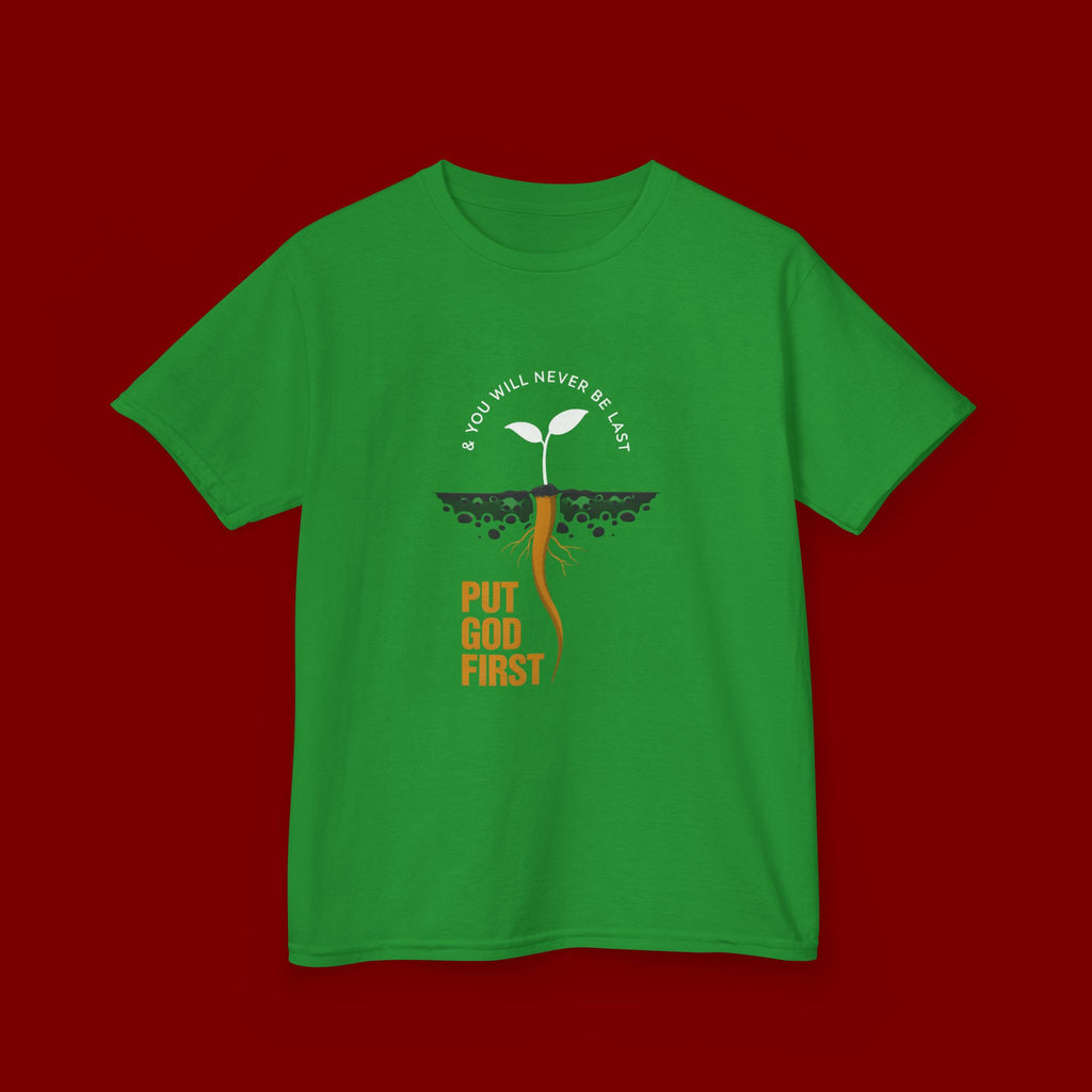 Kids T‑Shirt — 'Put God First' Religious Sprout Graphic Tee (Christian Youth)
