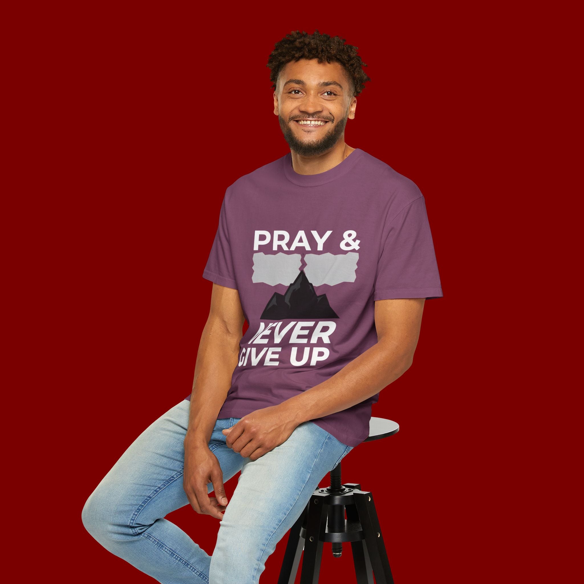 Pray & Never Give Up T-Shirt — Inspirational Christian Mountain Tee